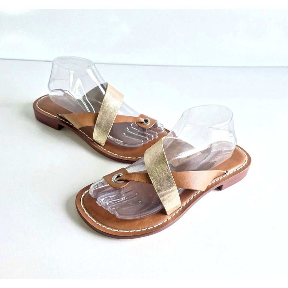 BERNARDO Women's Tia Sandals Leather Tan Sparkly Gold Sz 9 Flat Thong